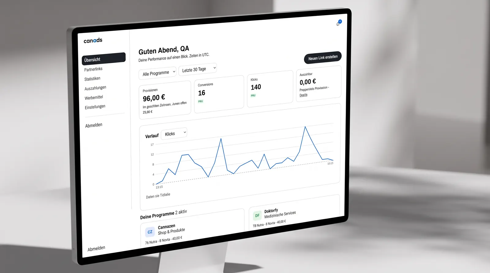 Das canads-Dashboard am Bildschirm (Beispieldaten)